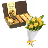 Bunch of 6 Yellow Roses Hand Tied, Assorted Biscuits to India