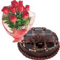 Send Rakhi with Chocolate Cake and Red Roses Bouquet