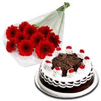 Deliver Rakhi Gifts with Red Gerbera Black Forest Cake to India