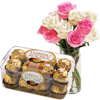 Deliver Rakhi Gift hamper Pink White Roses Vase, Chocolates with Rakhi to India
