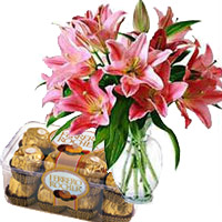 Rakhi Gift hamper to India Pink Lily Vase, Ferrero Rocher Chocolates