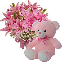 Send Rakhi Gift hamper Oriental Pink Lily, 6 Inch Teddy Bear to India