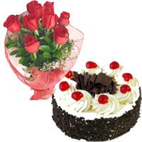 Send 1 Kg Black Forest Cake 12 Red Roses Bouquet