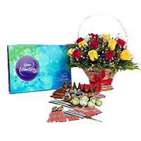 Deliver Diwali Gifts Flowers Basket with Assorted Crackers in India