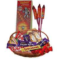 Assorted Chocolates and 10 Red Roses with 1 Box Rocket Crackers Diwali Gifts Delivery in India