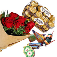 Red Roses Bunch with Assorted Crackers Diwali Gifts to India