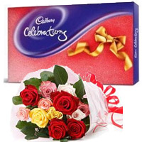 Rakhi Gift hamper Mix Roses Bouquet with Cadbury Celeberation Pack Chocolate to India, Gifts to India
