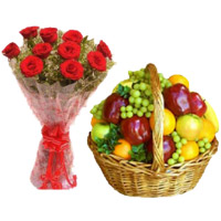 Online 12 Red Roses Bouquet with 2 Kg Mix Fresh Fruits Delivery in India