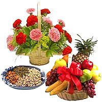 Online 12 Mix Carnations Basket with 500 gm Mix Dry Fruits and 1 Kg Fresh Fruits Basket Delivery in India
