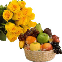 Buy 12 Yellow Roses Bunch with 1 Kg Fresh Fruits Basket to India