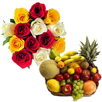 12 Mix Roses Bunch with 2 Kg Fresh Fruits Diwali Gift Basket
