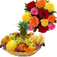 Send 12 Mix Roses Bunch with 1 Kg Fresh Fruits Basket to India