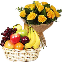 Send 10 Yellow Rose Bunch 2 Kg Fresh Fruit Basket Delivery in India