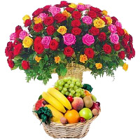 Send 50 Mix Roses Basket with 2 Kg Fresh Fruits Basket Delivery in India