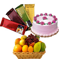 Send 4 Cadbury Temptation Bars with 500 gm Strawberry Cake and 1 Kg Fresh Fruits Basket Delivery in India