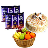 Send 6 Dairy Milk Silk Chocolates with 500 gm Butter Scotch Cake and 1 Kg Fresh Fruits Basket
