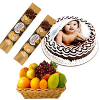 1 Kg Fresh Fruits Basket with 8 Pcs Ferrero Rocher and 1 Kg Chocolate Photo Cake Diwali Combo gift online