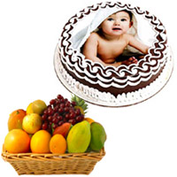 Online 1 Kg Chocolate Photo Cake with 2 Kg Fresh Fruits Basket Delivery in India
