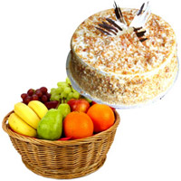 Send Online 1 Kg Fresh Fruits Basket with 500 gm Butter Scotch Cake Delivery in India