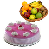 Send 1 Kg Fresh Fruits Basket with 1 Kg Strawberry Cake to India