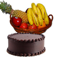 2 Kg Fresh Fruits Basket with 1 Kg Chocolate Cake Diwali Combo gift online