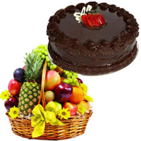 Online 3 Kg Fresh Fruit Basket with 1 Kg Chocolate Cake Delivery in India