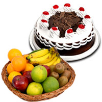 Online 500 gm Black Forest Cake with 1 Kg Fresh Fruits Basket to India