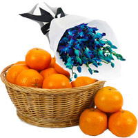 Diwali gift hamper Blue Orchid Bunch 10 Flowers Stem with 18 pcs Fresh Orange