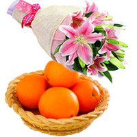 Send Pink Lily Bouquet 3 Stems with 12 pcs Fresh Orange