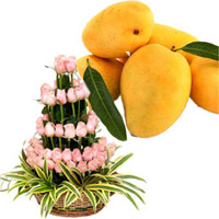 Pink Flowers Basket 50 Flowers with 12 pcs Fresh Mango hamper for Diwali gift