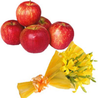 Send Yellow Lily Bouquet 3 Flower Stems with 1 Kg Fresh Apple to India