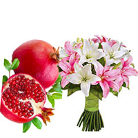 Online 1 Kg Fresh Promegranate with Pink White Lily Bouquet 6 Stems to India