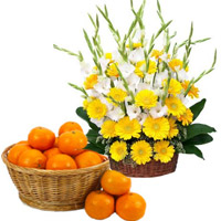 Yellow Gerbera White Glad Basket 30 Flowers with 18 pcs Orange Basket Delivery in India