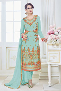 Kashmiri Sky Blue Salwar Suit Diwali gift for her delivery in India