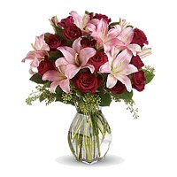 Get Rakhi with Pink Lily 12 Red Roses in Vase Delivery in India