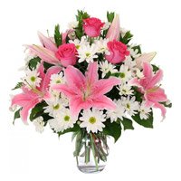 Deliver White Lily 6 Pink Rose 10 White Gerbera with Rakhi to India