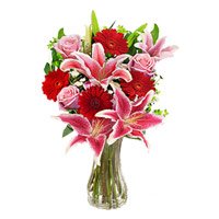 Send Rakhi with 4 Pink Lily 4 Pink Rose 4 Red Gerbera Flower Delivery in India