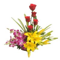 Place Order Yellow Lily, Orchids, Red Rose Basket with Rakhi Delivery in India