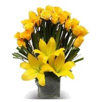 Send Yellow Lily 20 Roses Flowers and Rakhi Delivery in India