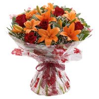 Valentine's Day Flowers Bouquet of 4 Orange Lily & 12 Red Roses