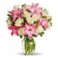 Pink Lily White Rose in Vase 15 Flowers and Rakhi