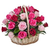 Online Send Red Pink Peach Roses Basket 24 Flowers to India