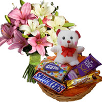 6 Inches Teddy, 6 Pink White Lily, Chocolate Basket for Valentine's Day gift