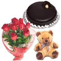 9 inch Teddy, 12 Red Roses, 1 kg Chocolate Truffle Cake for Valentine's Day