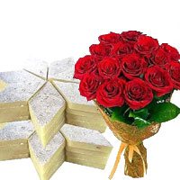 Buy Online Bunch of 12 Red Roses with 0.5 Kg Kaju Barfi to India