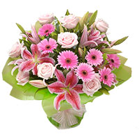 Send Pink Lily, Gerbera, Roses Bouquet to India with Rakhi