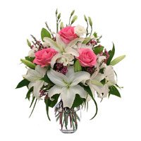 Online Pink Roses and White Lily in Vase 12 Flowers