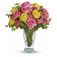 Send Pink Yellow Roses in Vase 20 Flowers to India