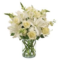 Send Rakhi with White Lily Roses Bouquet Delivery to India on Rakhi