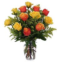 Buy Online Yellow Orange Roses Vase 12 Flowers to India